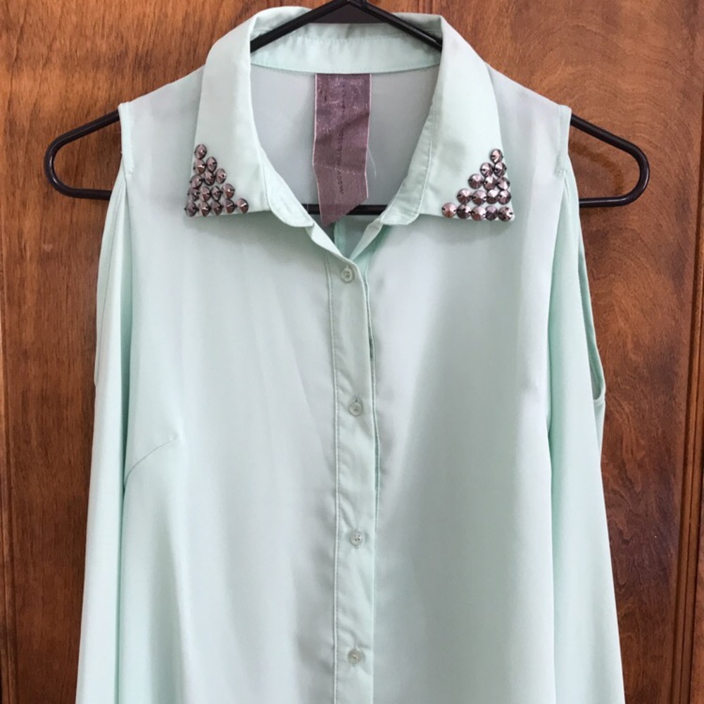 Mint Sheer Studded Collar Button Down Blouse